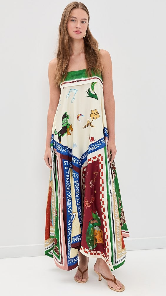 ALM021 Green Eclectic Patchwork Handkerchief Silk Maxi Dress Sundress