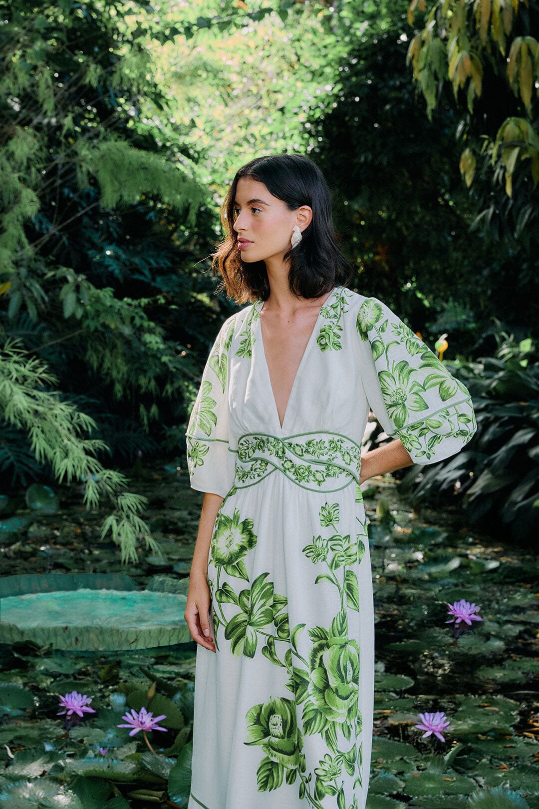 FR Green Floral Cascade Blue Yard Linen-Viscose Midi Dress
