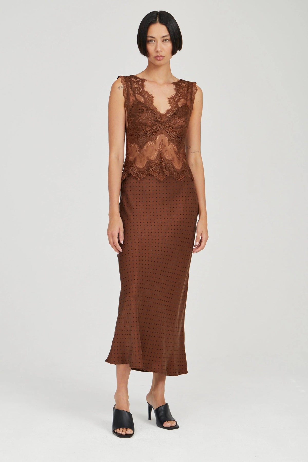TF Visions Lace Deep V Cupro-rayon Satin Midi Maxi Dress