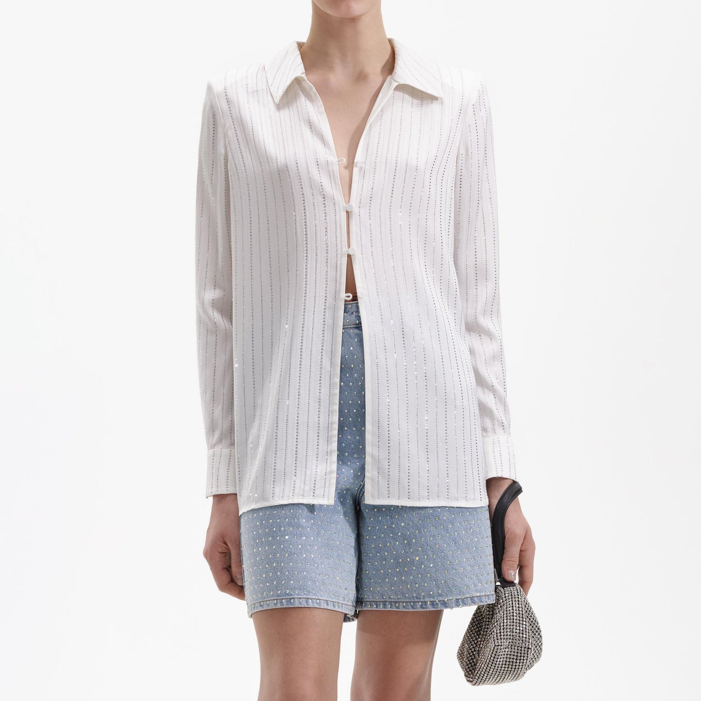 SP White Rhinestone Stripe Shirt | Collar Long Sleeve Button Down