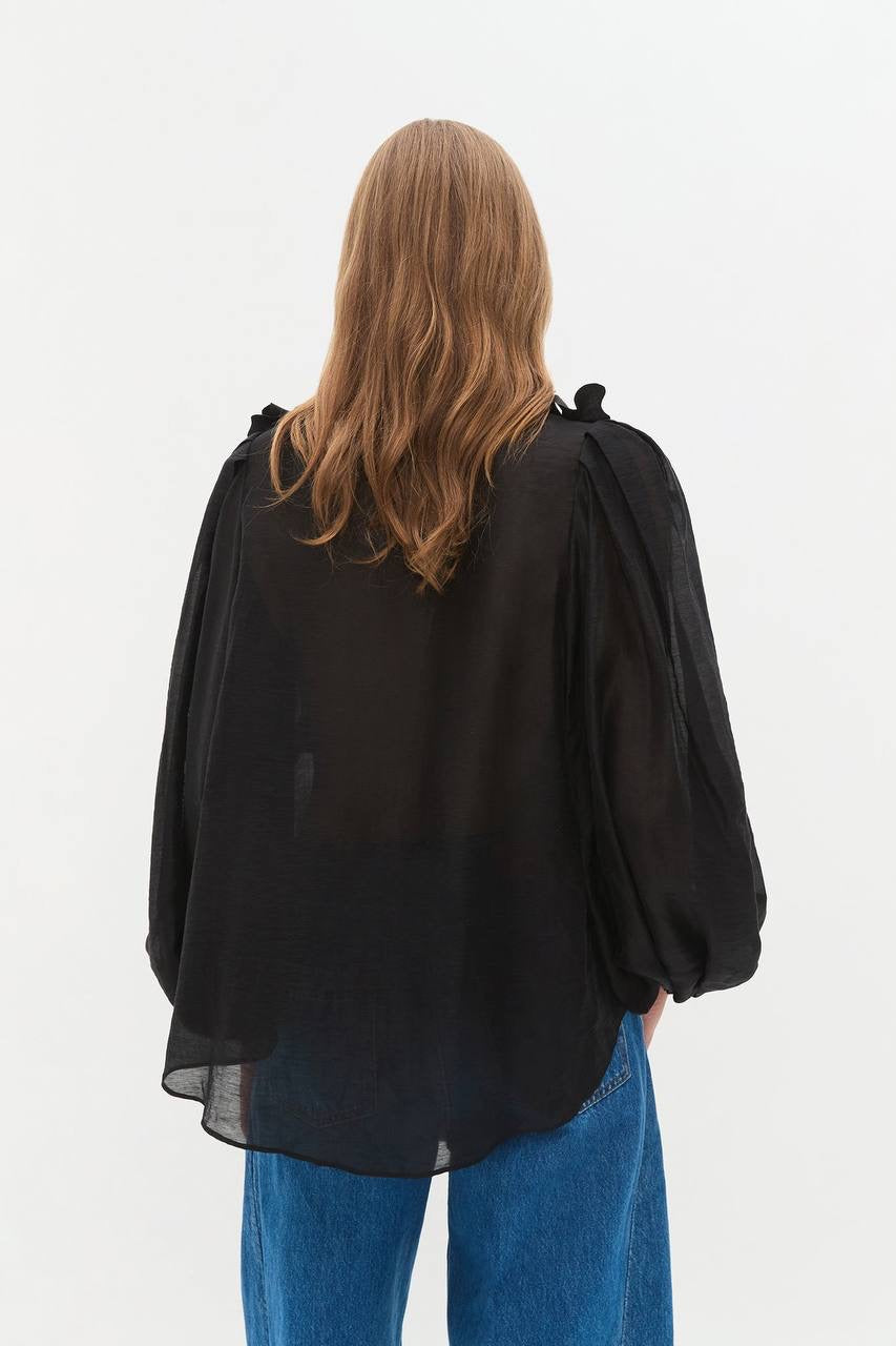 AJ Camille 3D Flower Linen-Blend Blouse Top