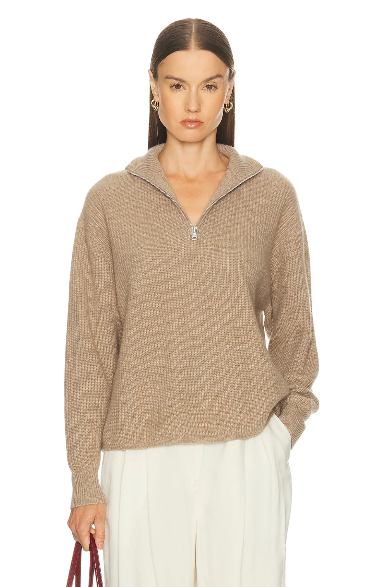 JK Cashmere Half-Zip Pullover Sweater in Undyed Stoned