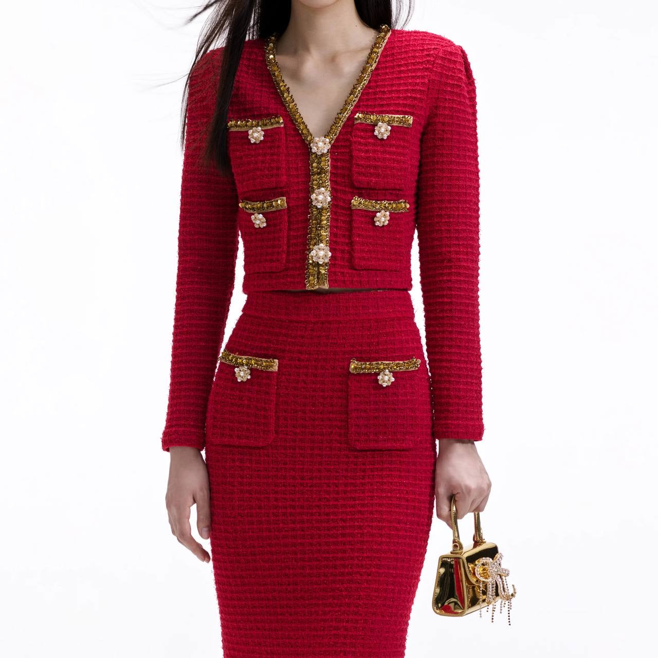 SP Red Knit V Neck Cardigan | Midi Skirt | Set