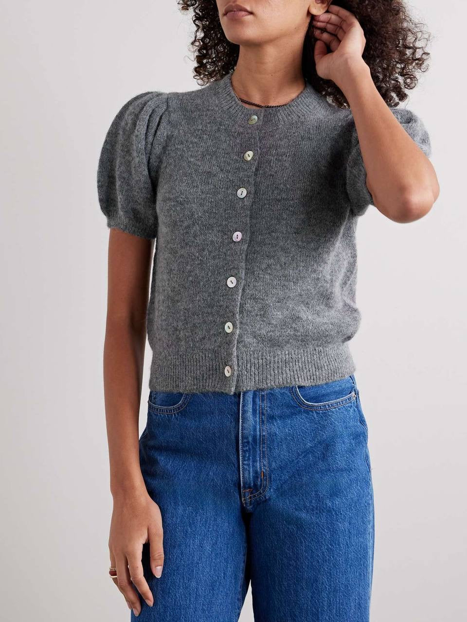 6 Colors! DN Anisa Alpaca-Wool Blend Short-Sleeved Cardigan Top