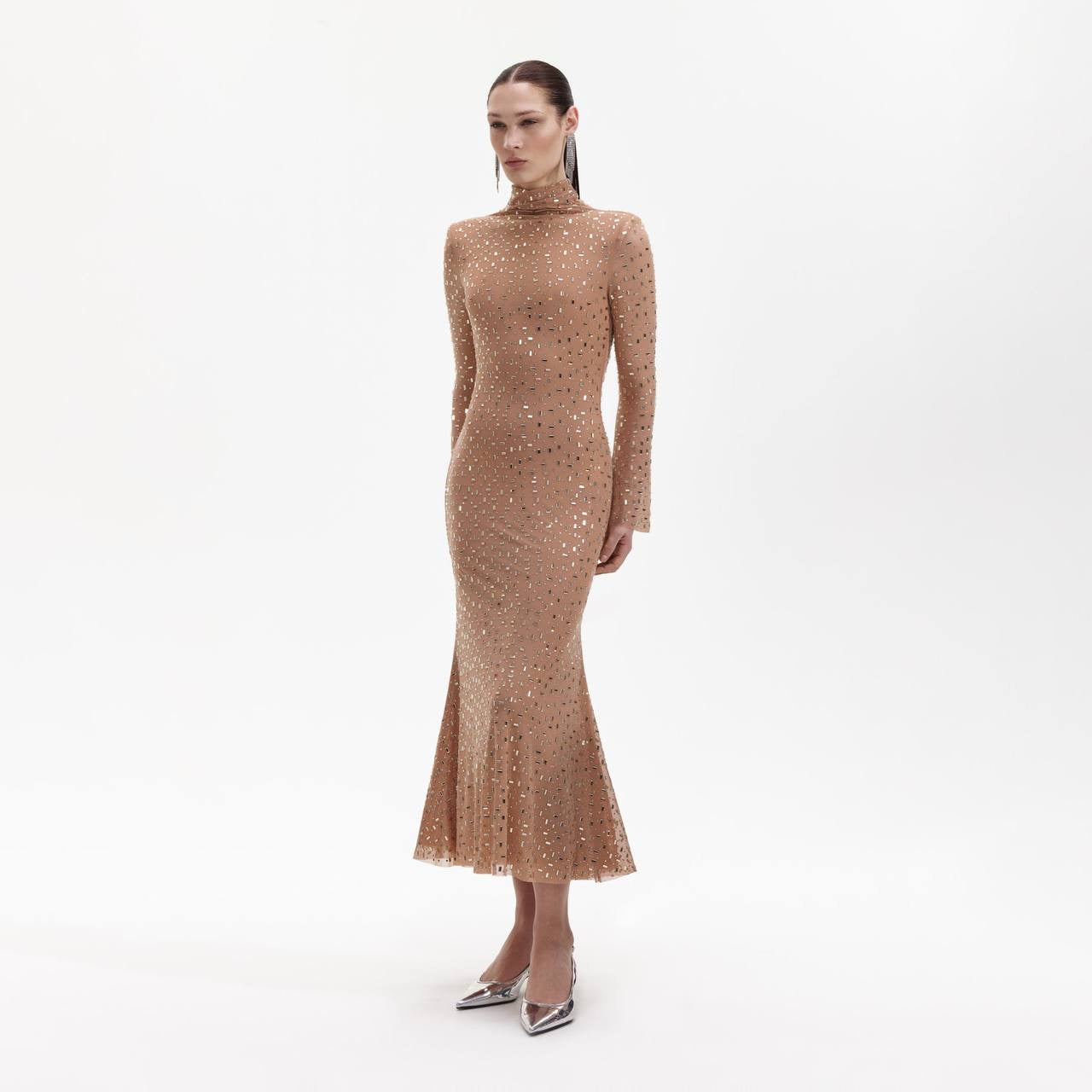 SP Gold Square Rhinestone Mesh Midi Dress