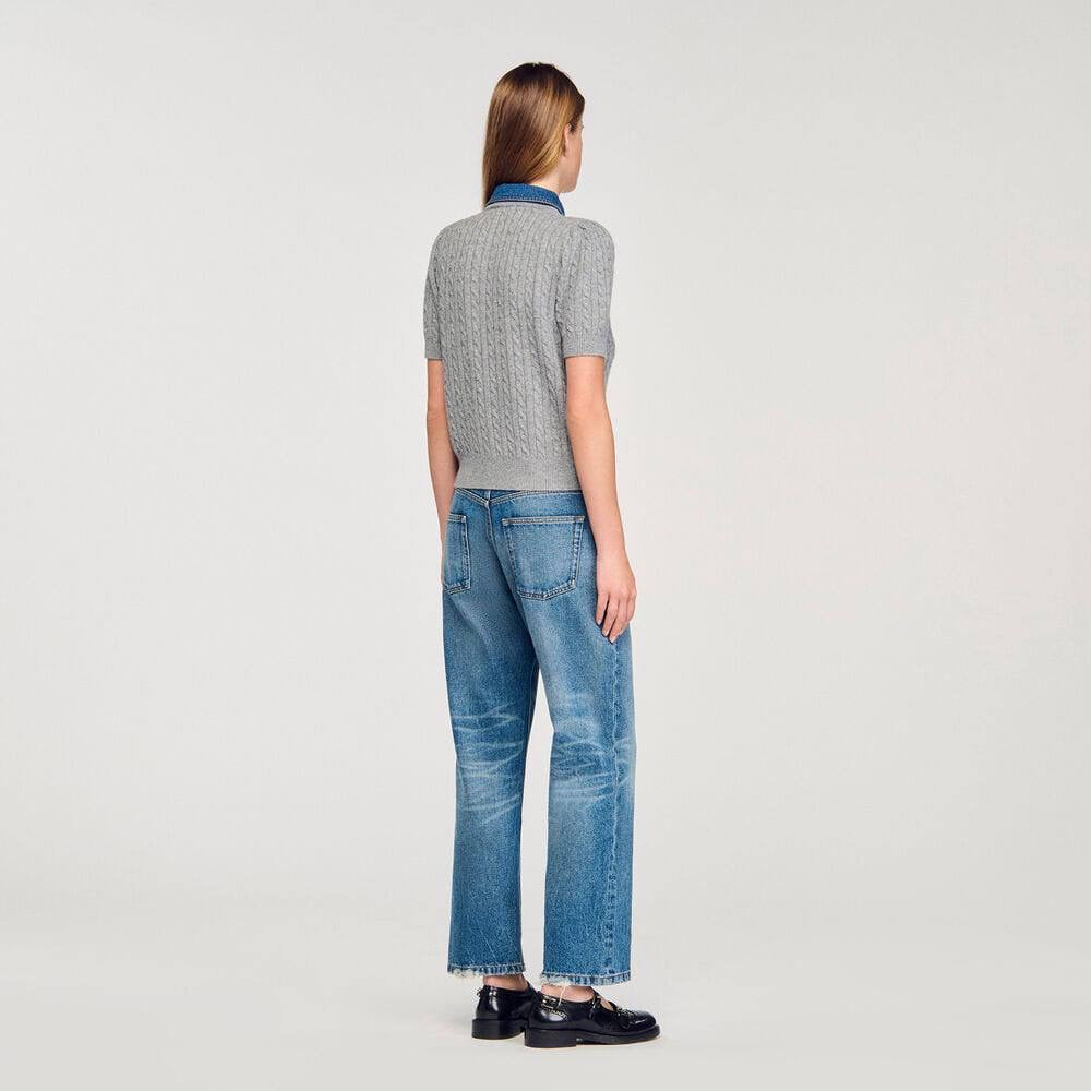 SD Mado Denim Collar Short-sleeved Wool-Cashmere Cable Knit Cardigan