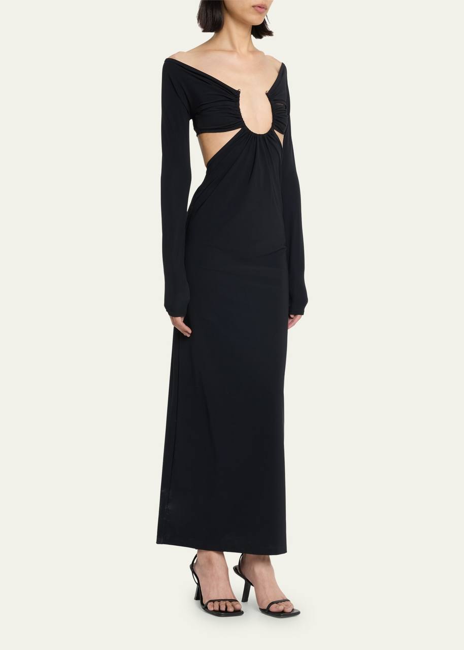 CE Odessa Ruched Prong Long Sleeve Cutout Jersey Maxi Dress