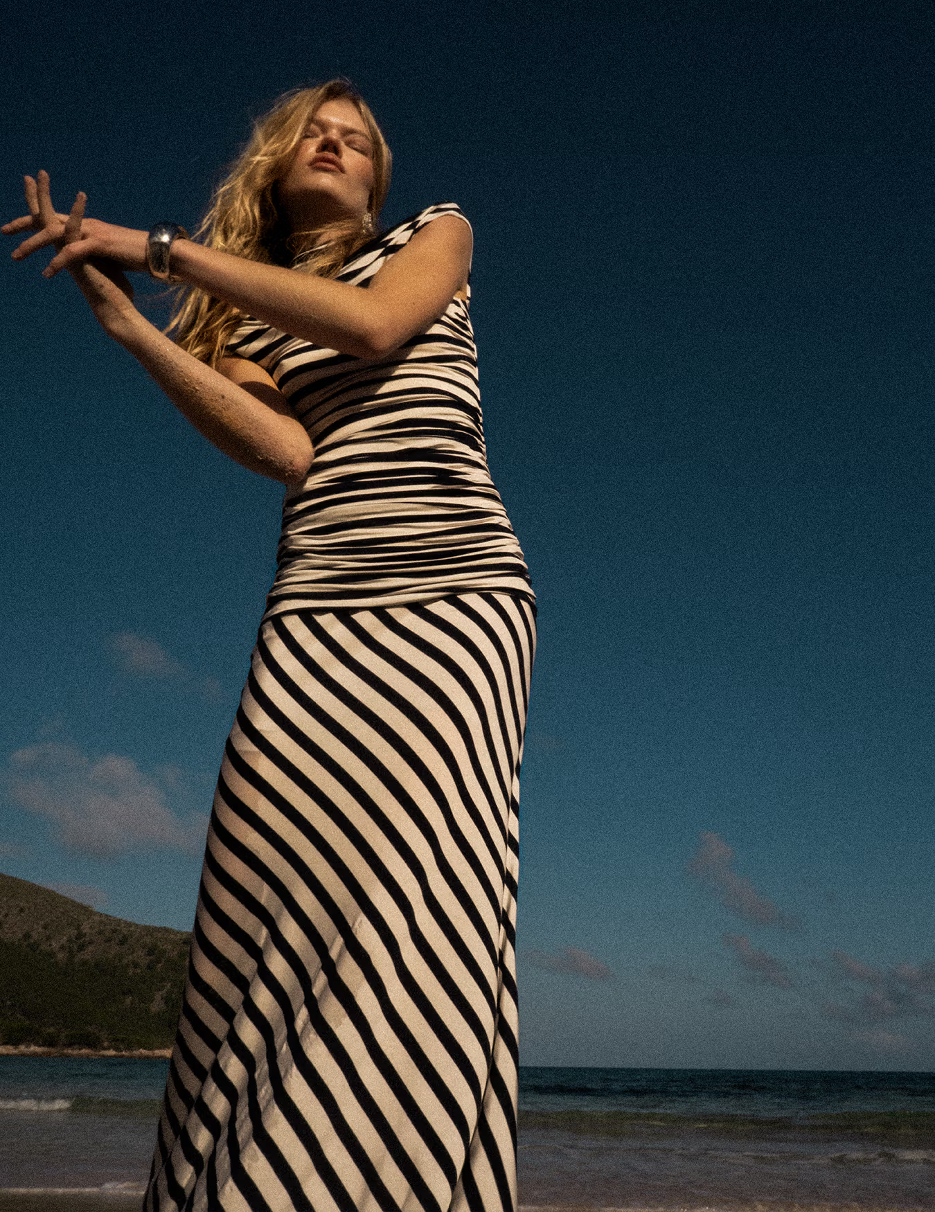 SP Navy Blue Stripe Jersey Short Sleeve Drop Waist Maxi Dress