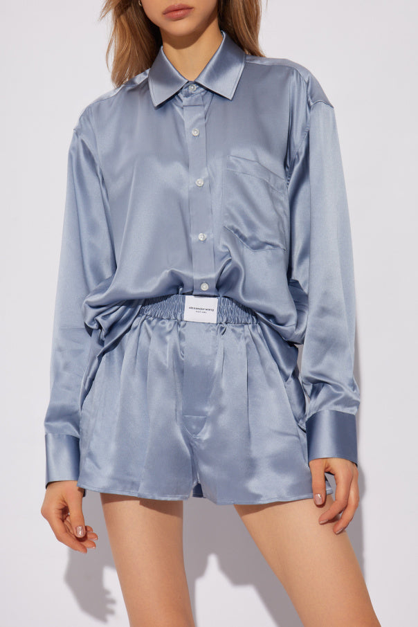 AW Logo Detailed Button Up Boxer Short Silk Shirt Romper Set