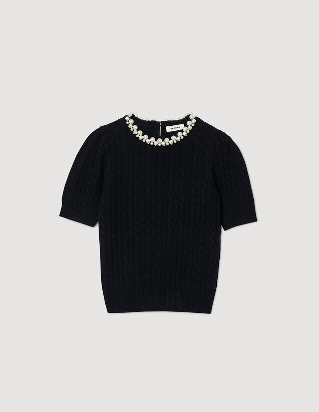 SD Madie Cable Knit Jumper with Faux Pearl Beads Embellished Top