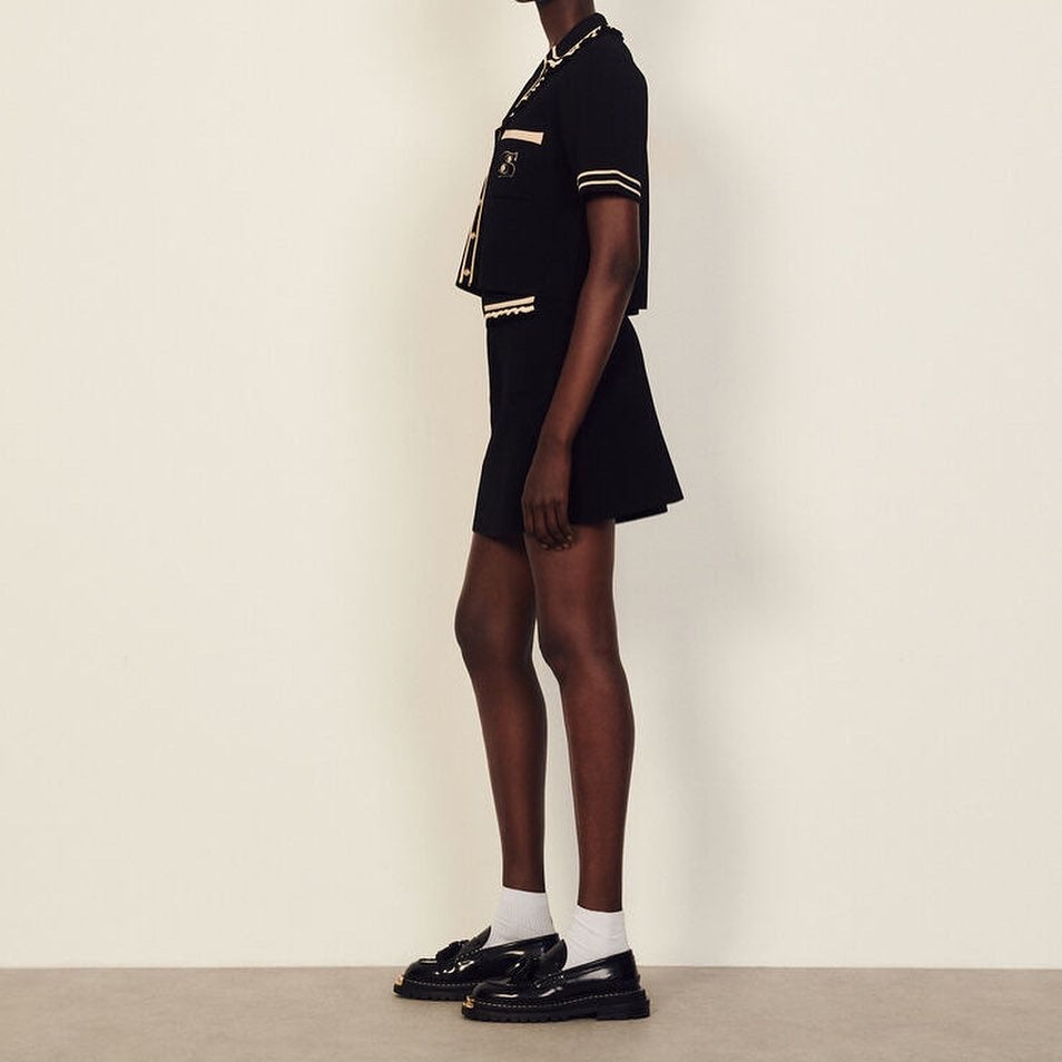 SD Short-Sleeved Mini Dress With Contrast Trim | Short Jacket-Style Coatigan Top | High-Waisted Knitted Skirt