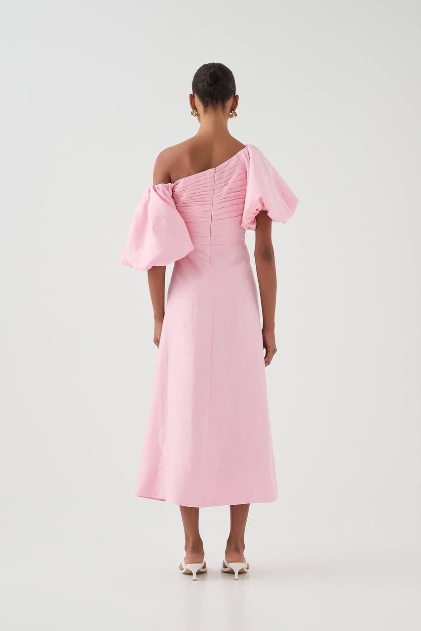 AJ Cadence Viscose-Linen Ruched Midi Dress