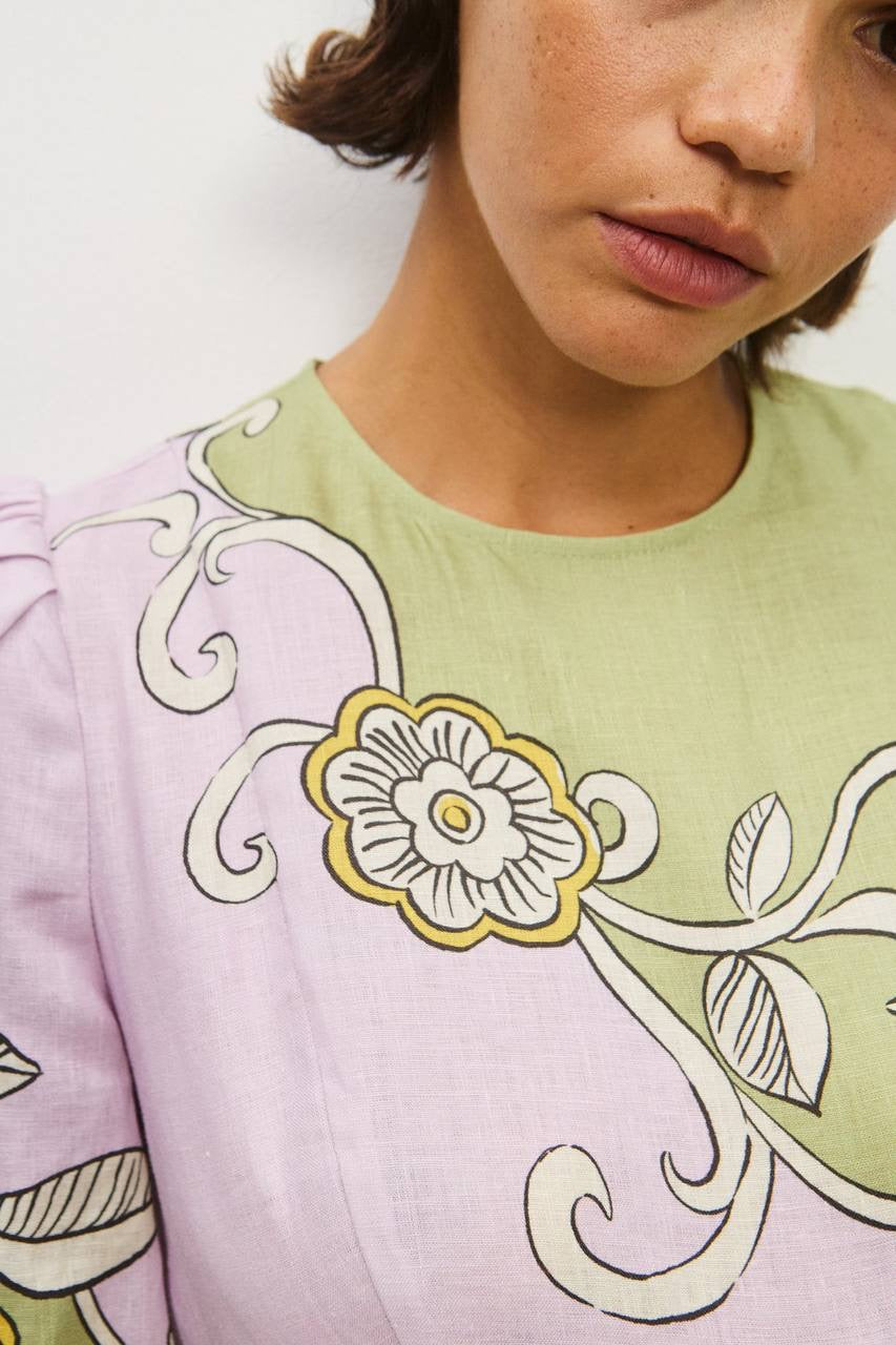 ALM Sora Puff Sleeve Linen Midi Dress