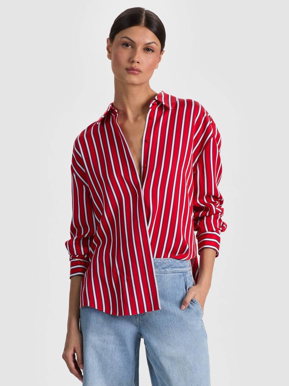 Red/White/Black Stripe Dimitra Oversized Button Down Lyocell Shirt