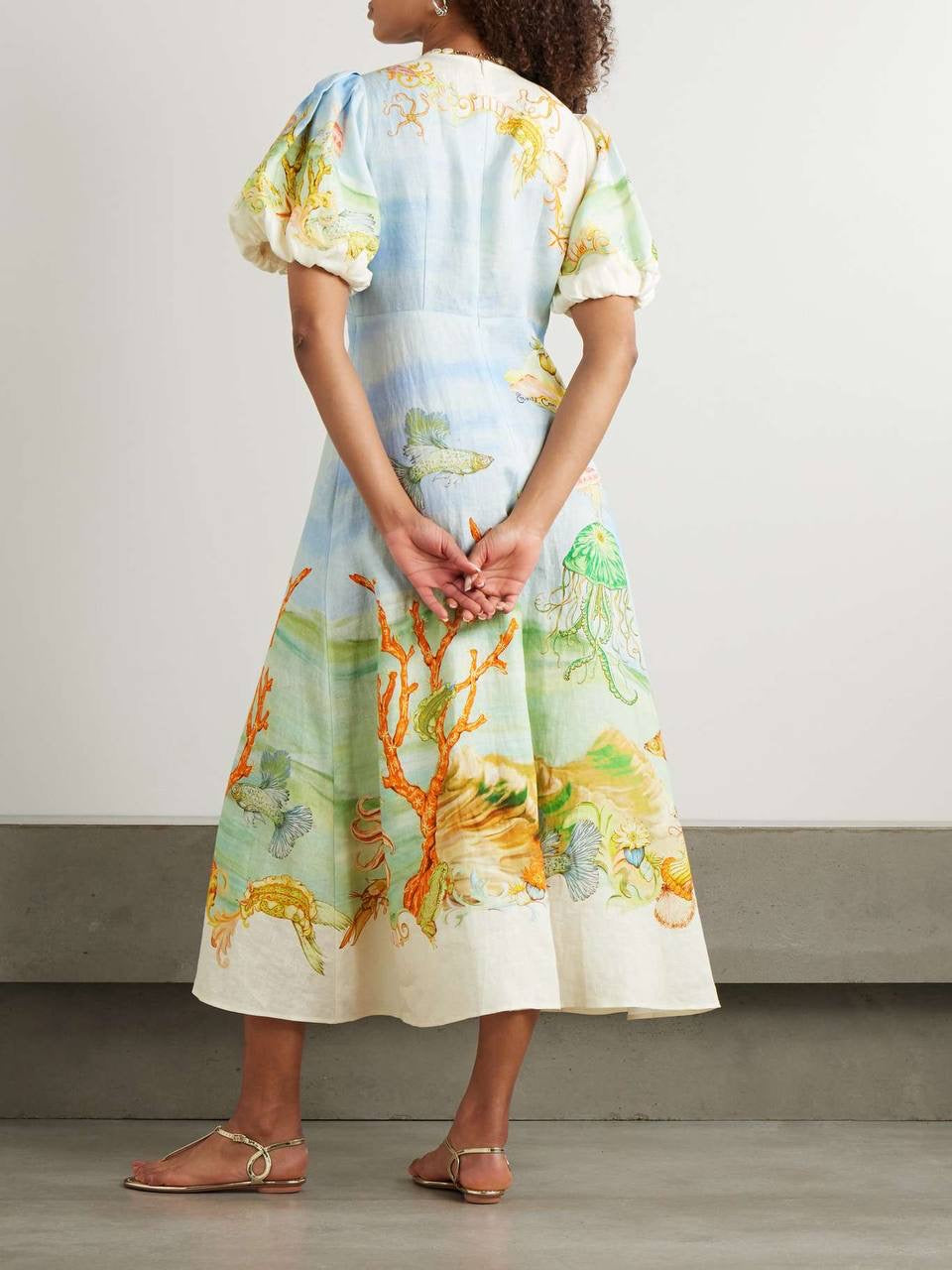 ALM Emerald Cove Printed Puff Sleeve Linen Midi Dress