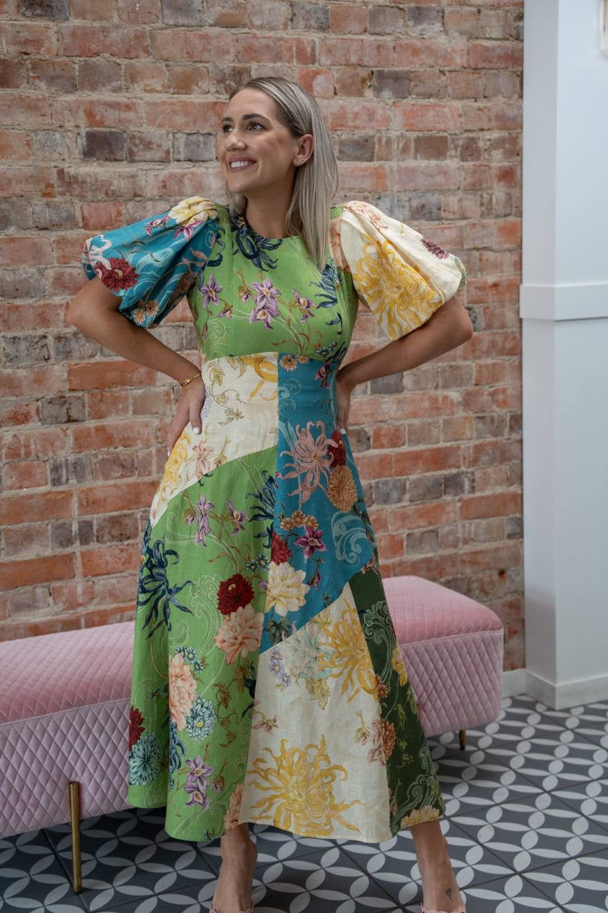 ALM Avery Puff Sleeve Linen Spliced Midi Dress