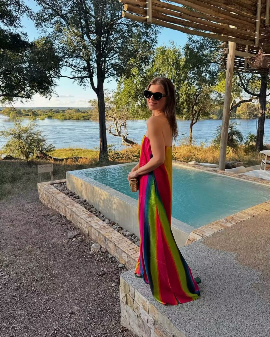 CE Aura Silk Strapless Maxi Dress in multi stripes