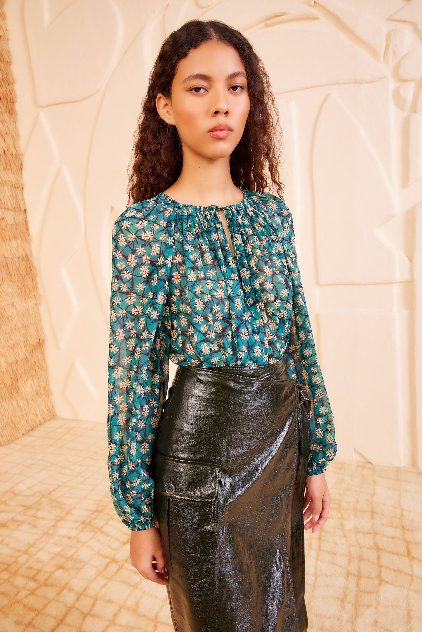 UJ Safa Long Sleeve Silk Blouse Top with Tie