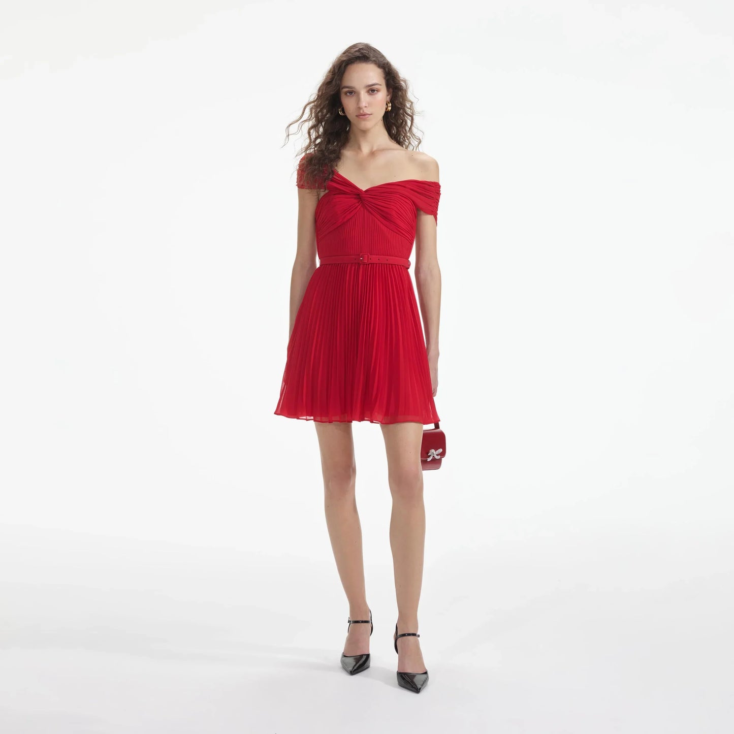 SP Red Off Shoulder Chiffon Mini Dress with Belt