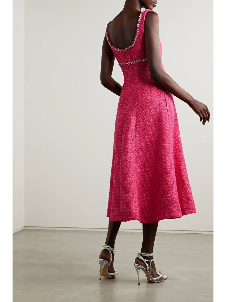 SP Fuchsia Boucle Midi Dress | Crystal Embellished Pink Tweed