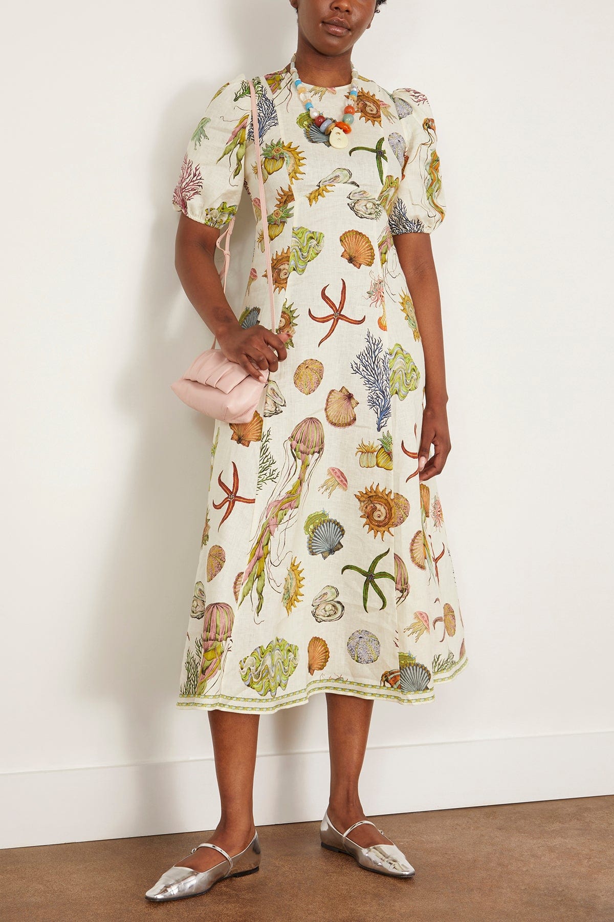 ALM Sea Puff Sleeve Linen Midi Dress