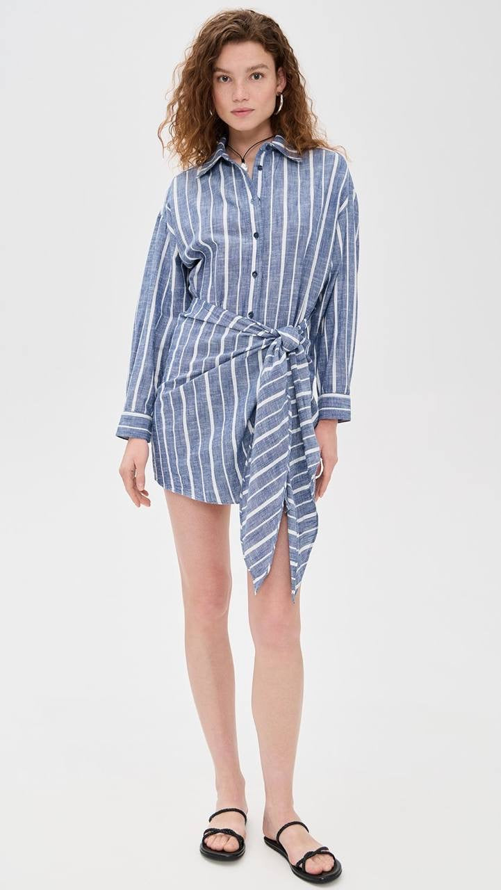 AA Alessandra Striped Chambray Sarong Cotton Mini Dress Shirtdress