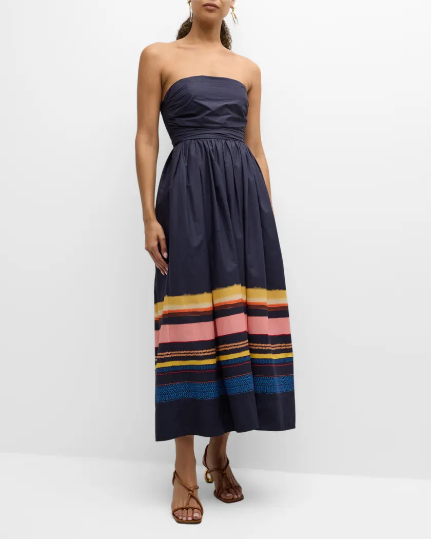 ALC Tate Strapless Stripe Cotton Midi Dress in Navy Blue