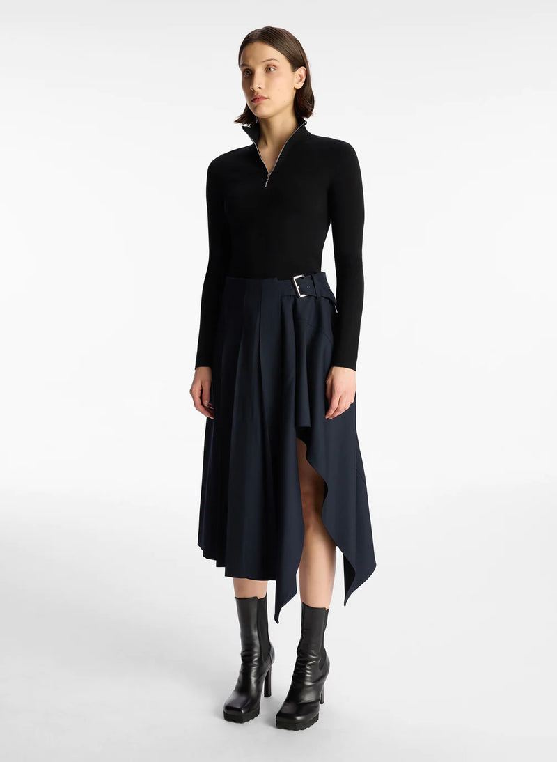 ALC Wayland Belted Wool-Blend Pleated Handkerchief Midi Skirt in Navy Blue