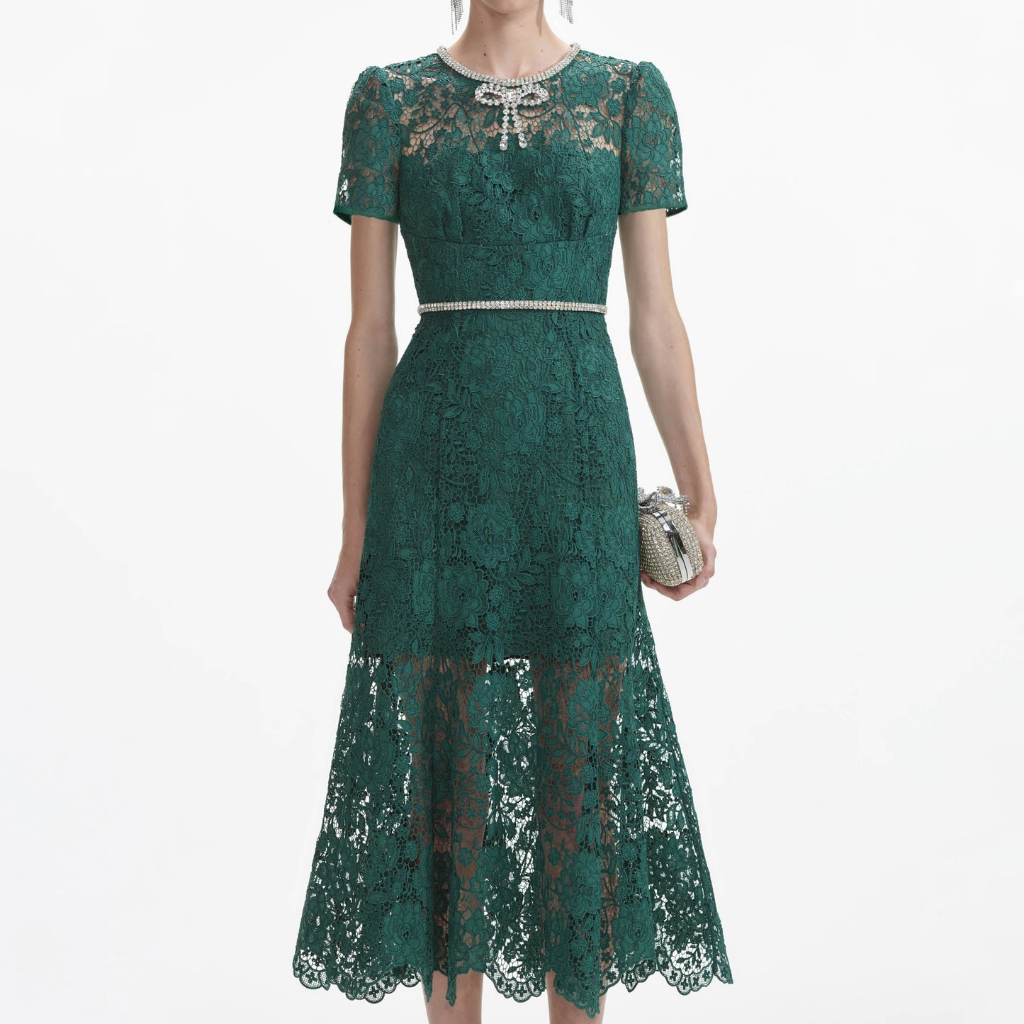 SP Green Lace Diamante Bow Midi Dress