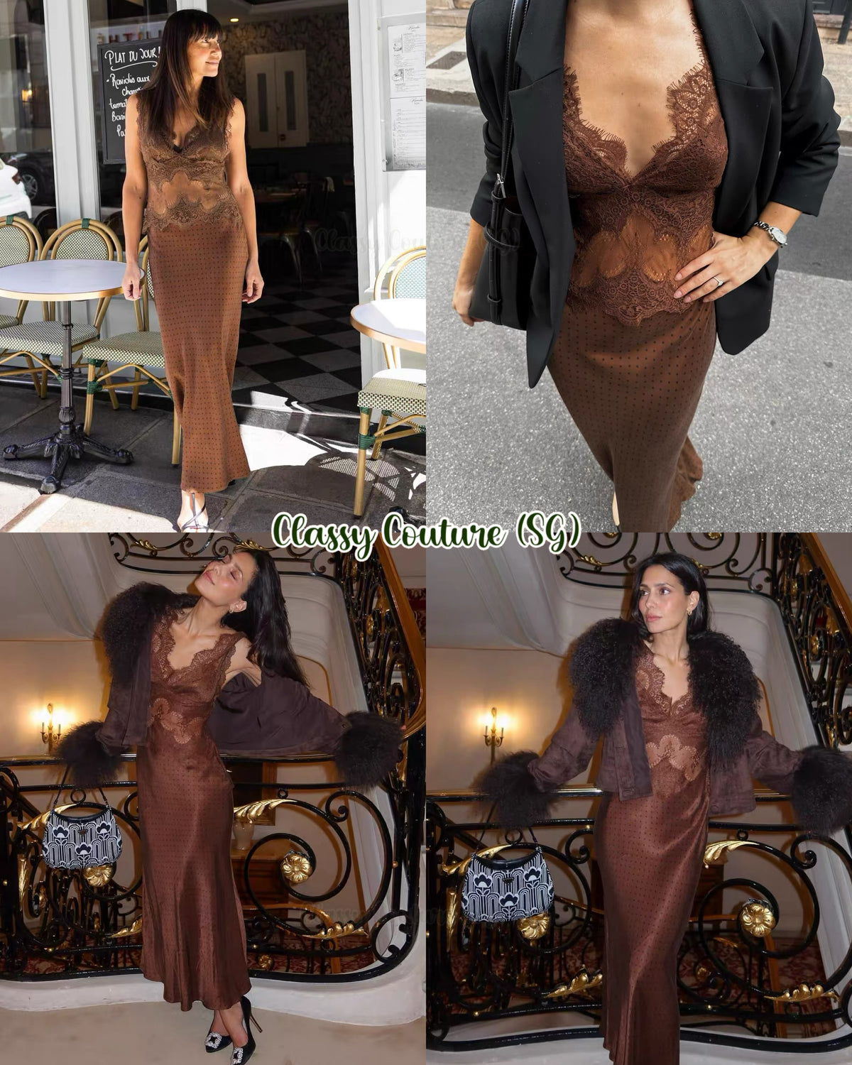 TF Visions Lace Deep V Cupro-rayon Satin Midi Maxi Dress
