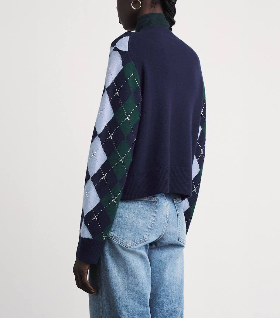 Argyle Diamond Jumper Sweater with Rhinestones & Wool Triangle Scarf | Green/Blue/Navy Set