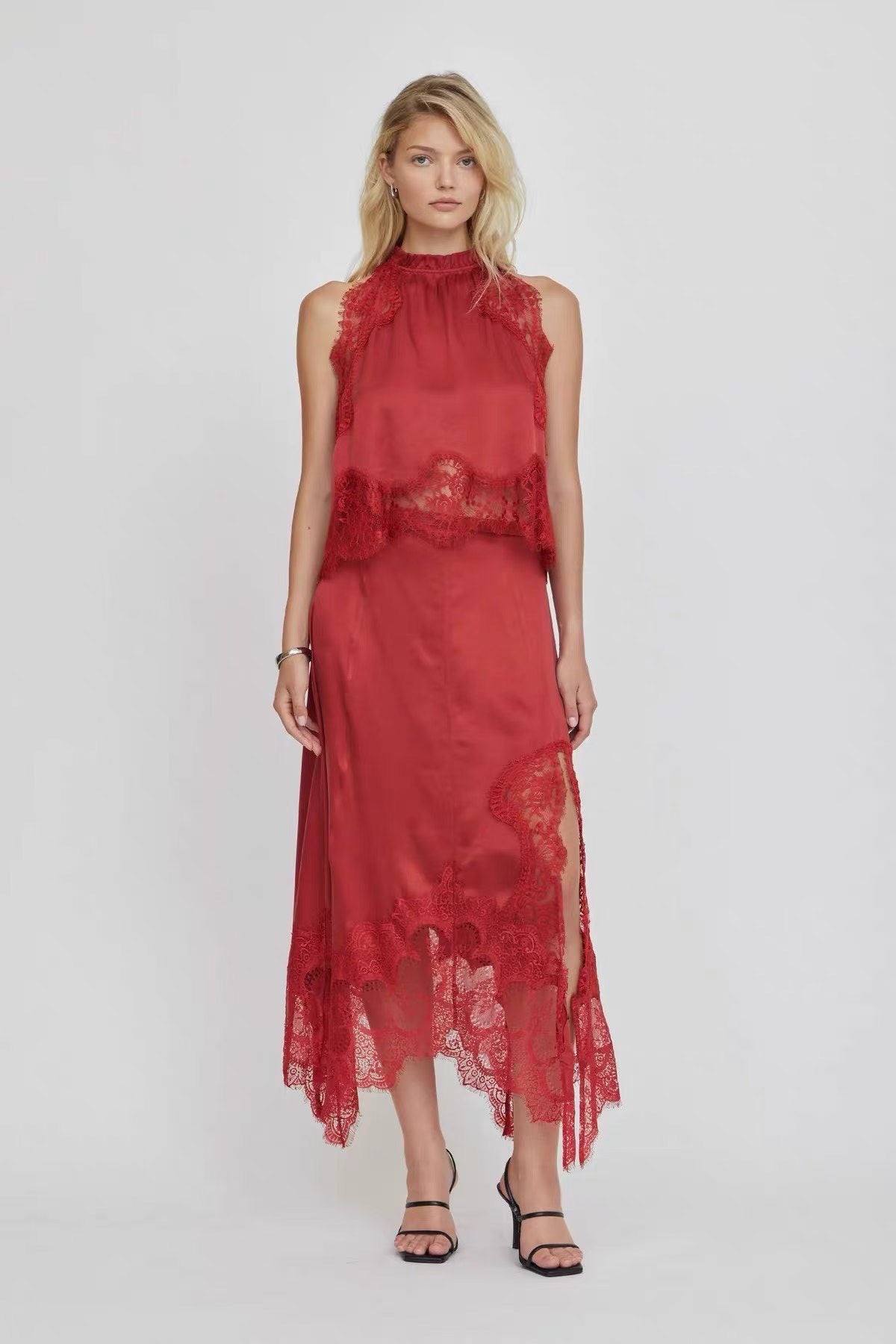 TF Visions Lace Crop Top | Handkerchief Midi Skirt | Cupro-rayon Satin Set