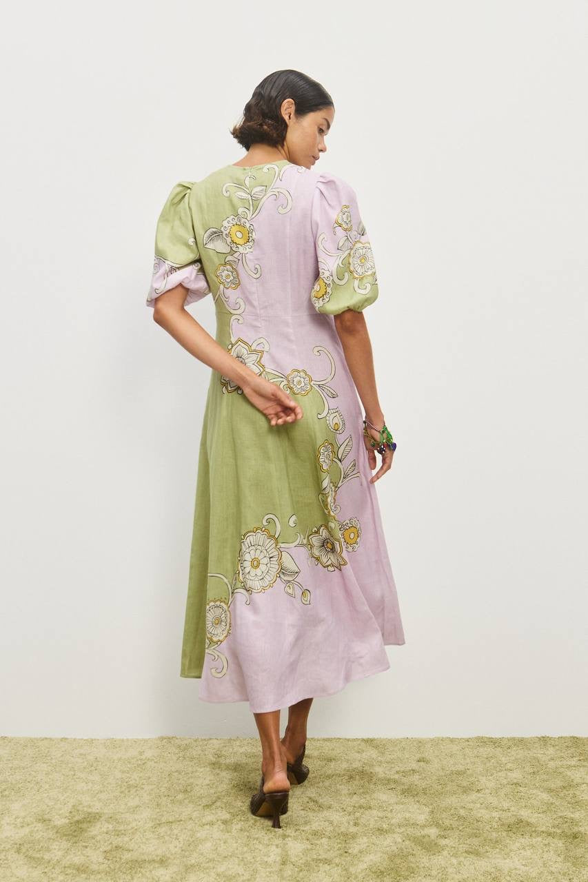ALM Sora Puff Sleeve Linen Midi Dress