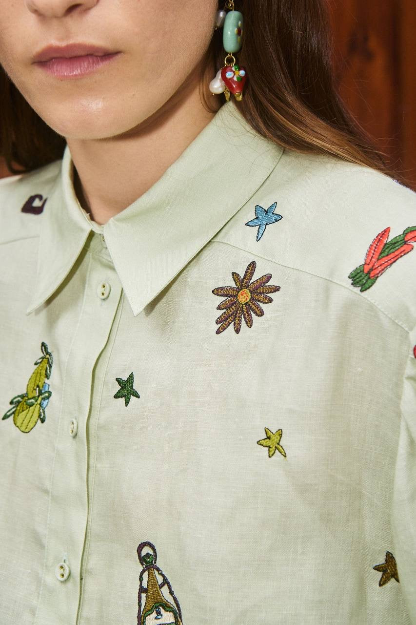 ALM Montie Embroidered Linen Shirt | Tie Wrap Midi Skirt | Set