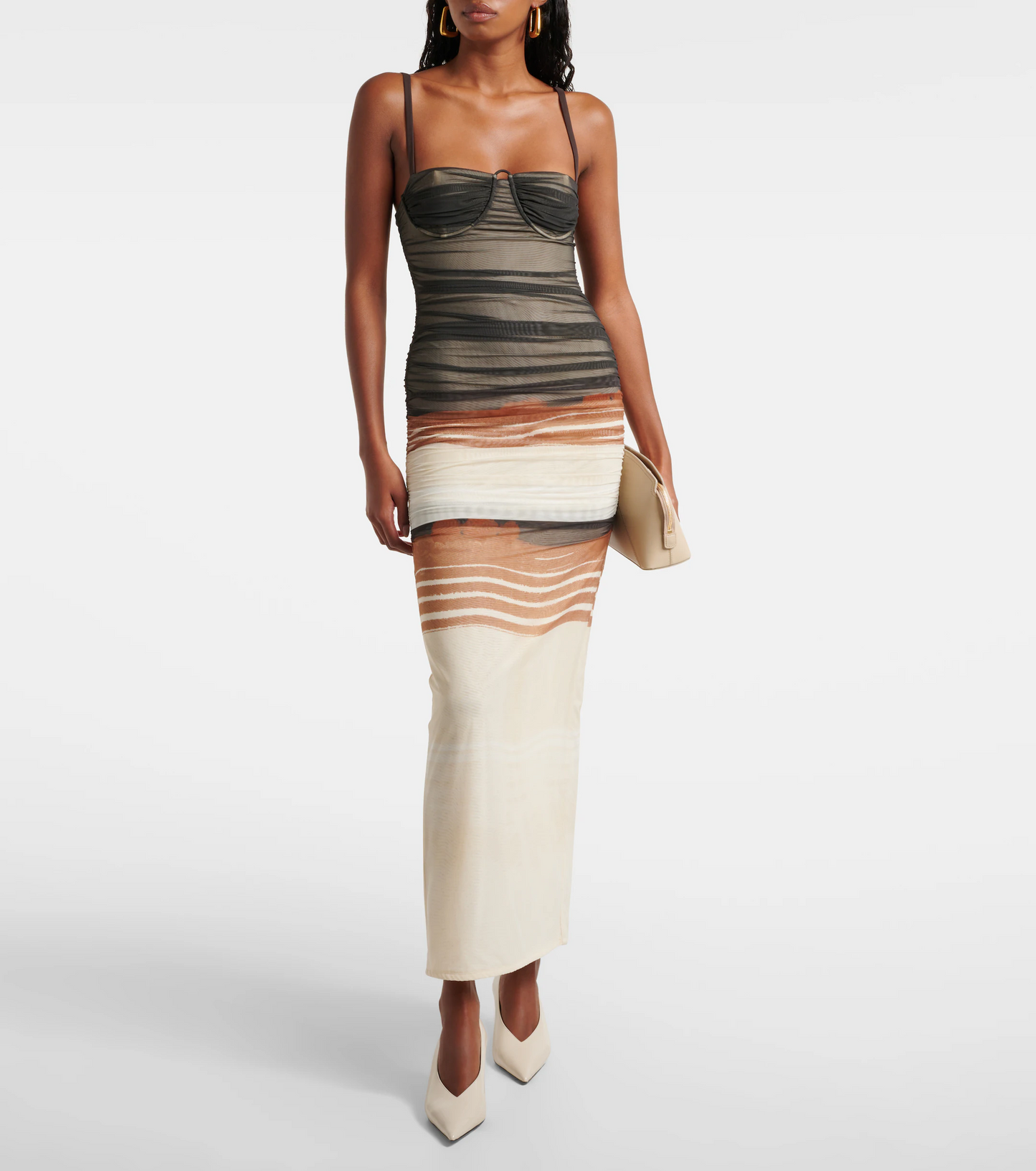 STL Breeze Striped Ruched Mesh Midi Dress