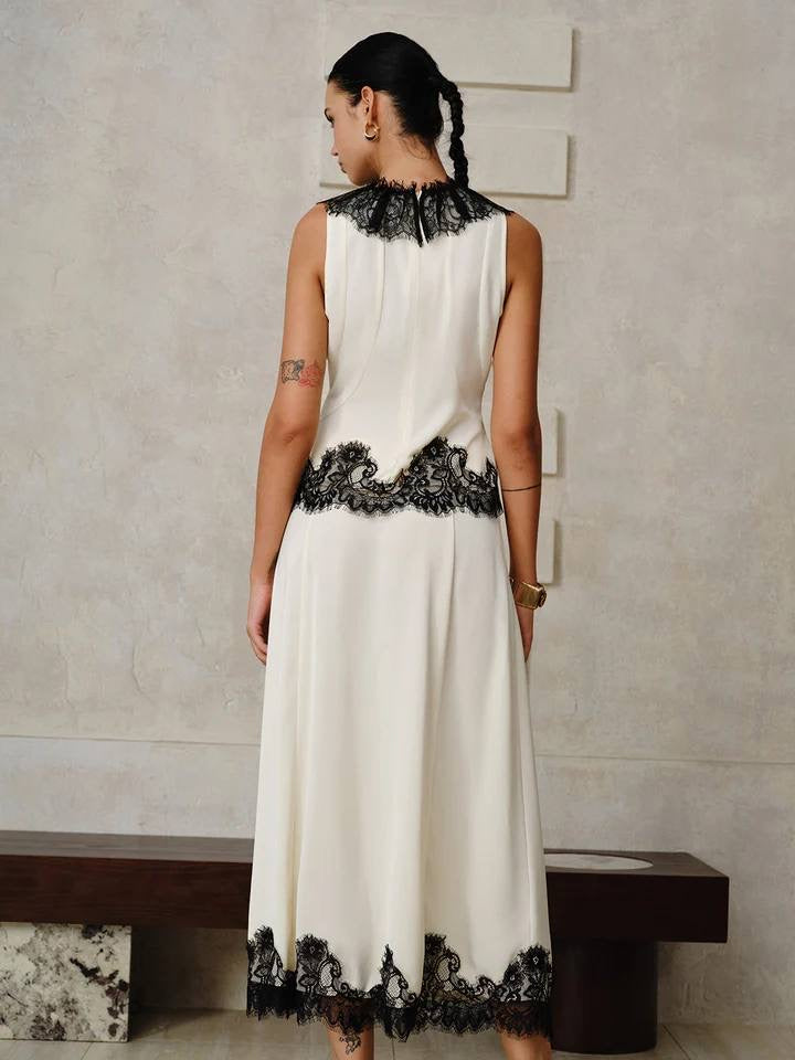 UJ Bette Cream Top | Asymmetrical Rosine Midi Skirt | Silk Set