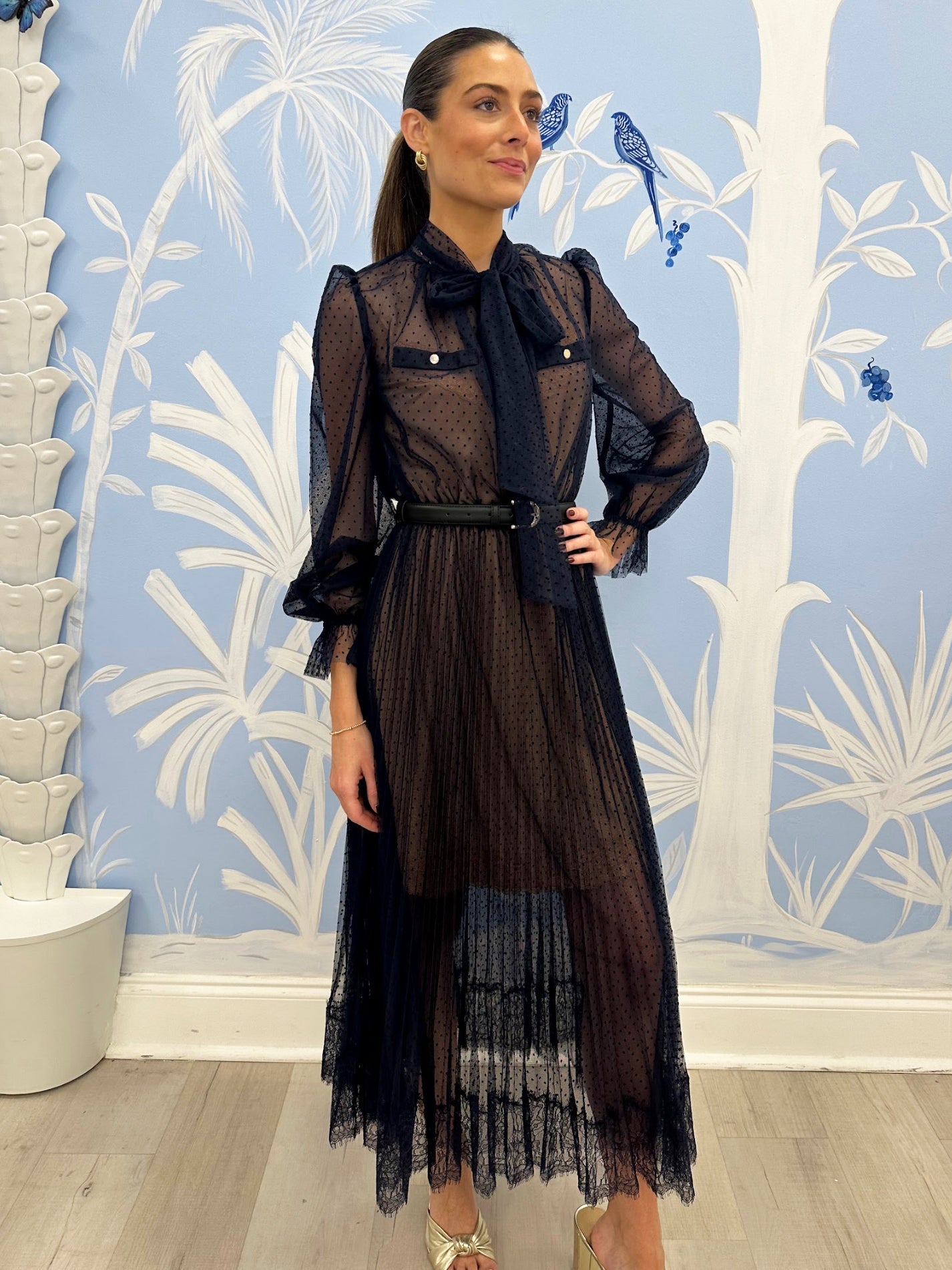 SP Navy Blue Dot Mesh Midi Dress