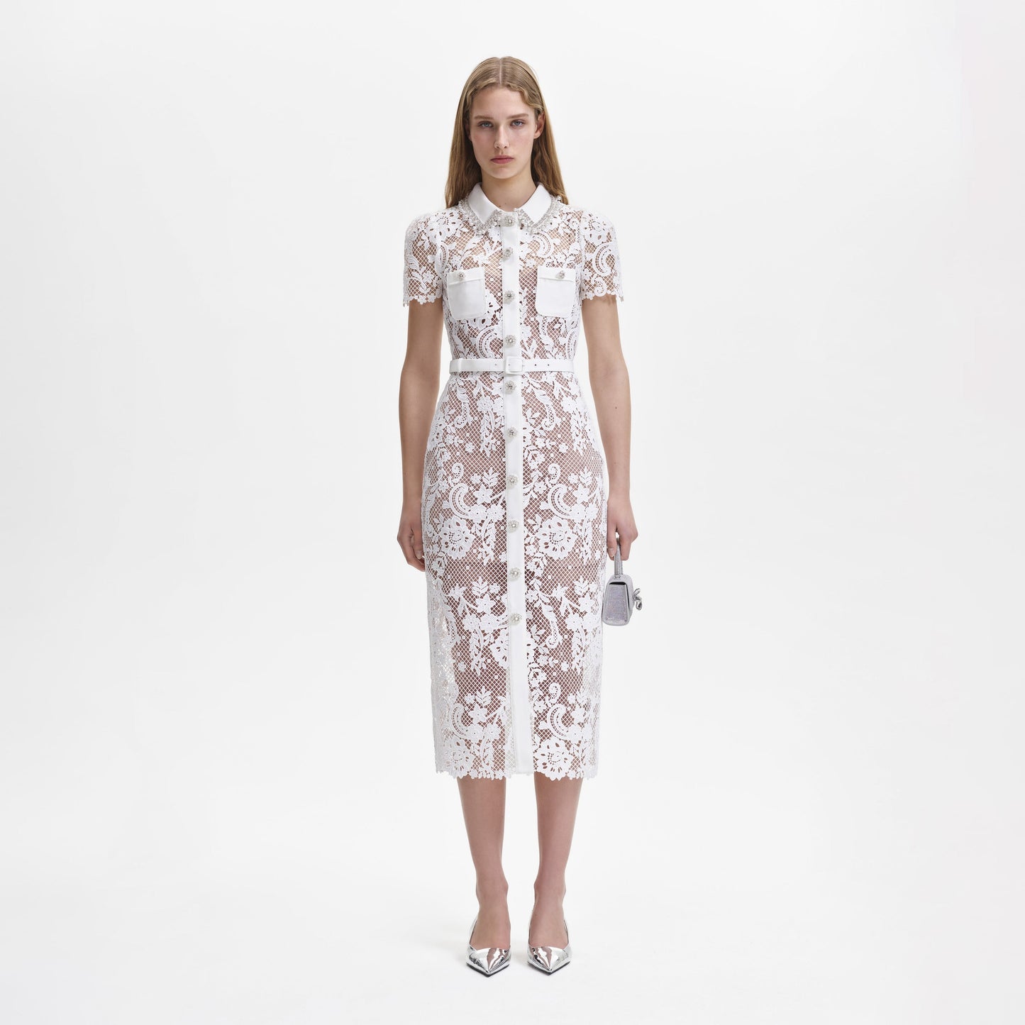 SP Lace Button Front Midi Dress in Black | White | Green