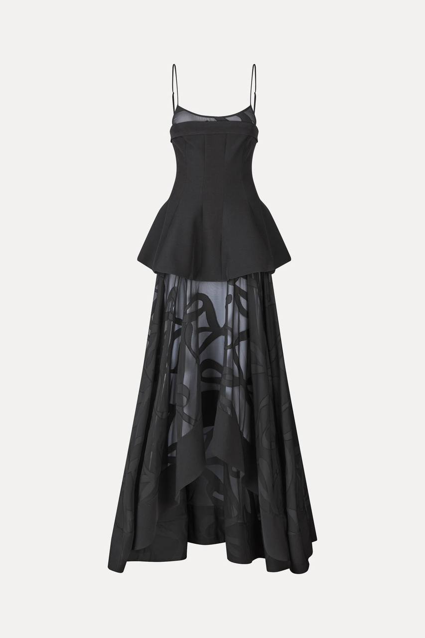 SG Tailored Bodice High-Low Maxi Dress in Ribbons Black
