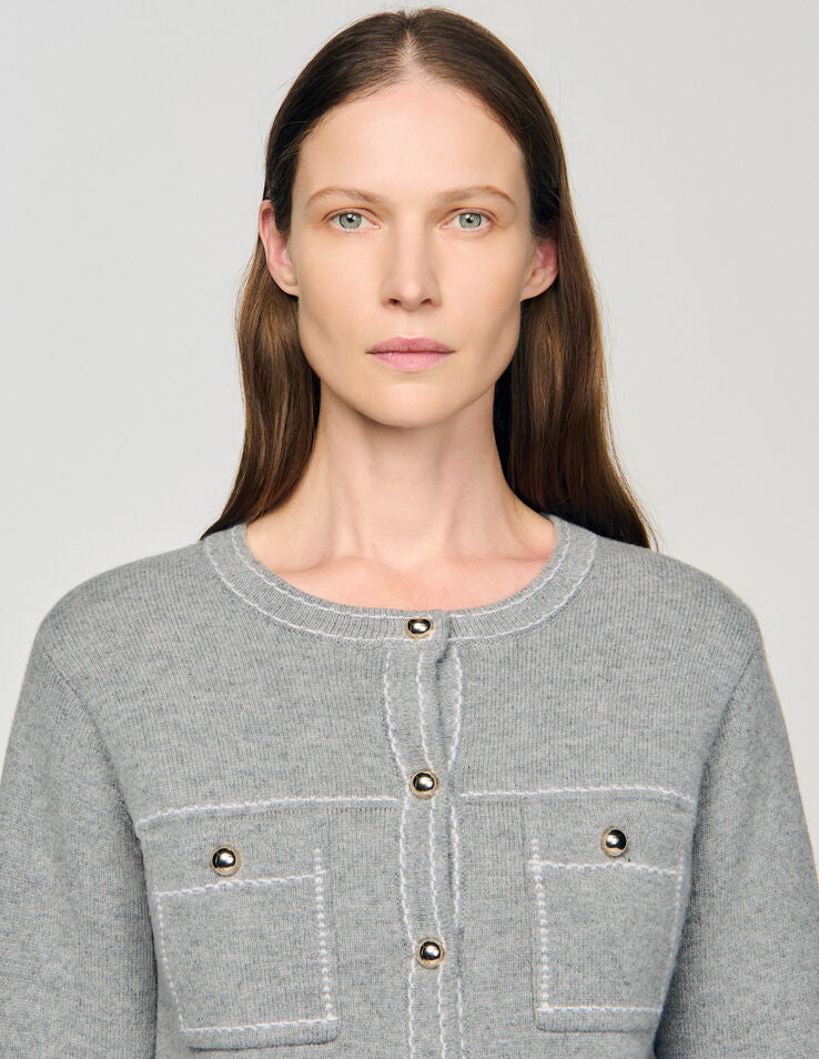 SD Grey Wool-Blend Cardigan With Contrast Stitching