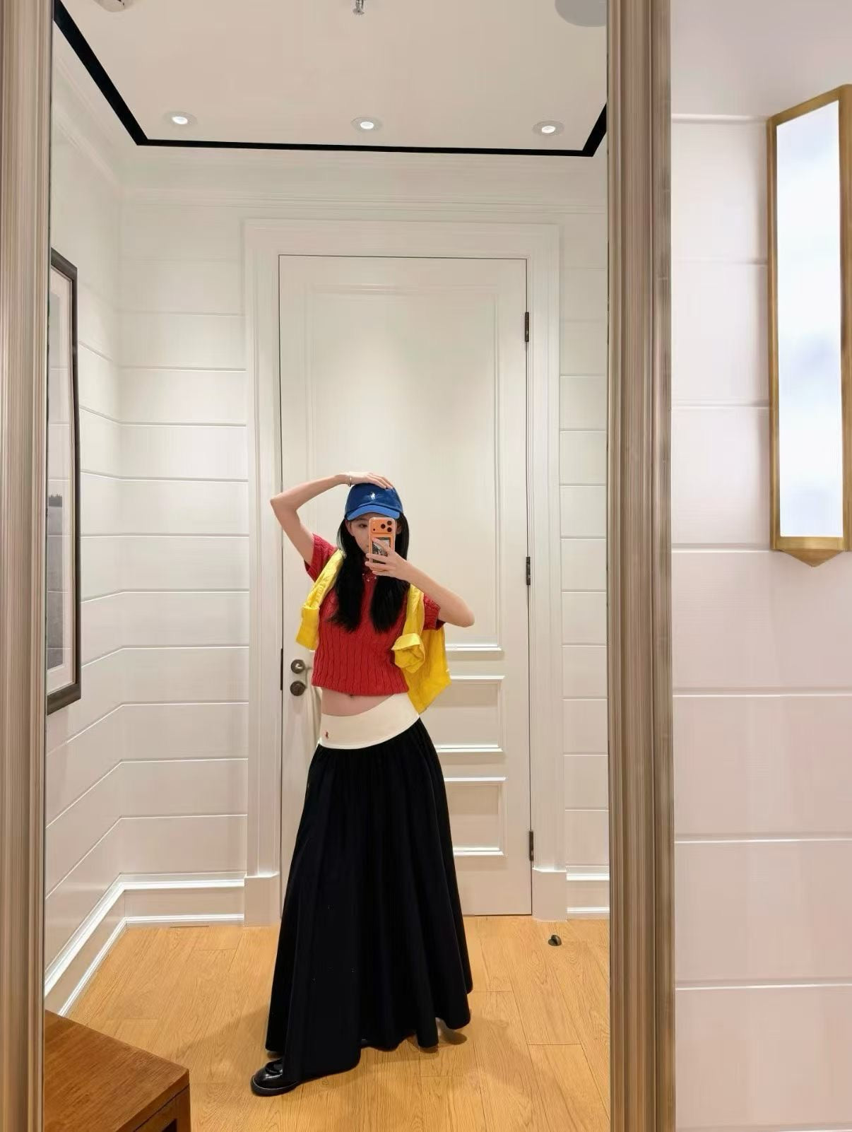 RL Panelled Woven Drop-waist Contrast Cotton A-line Midi Maxi Skirt