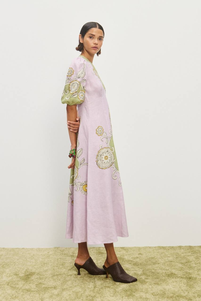 ALM Sora Puff Sleeve Linen Midi Dress