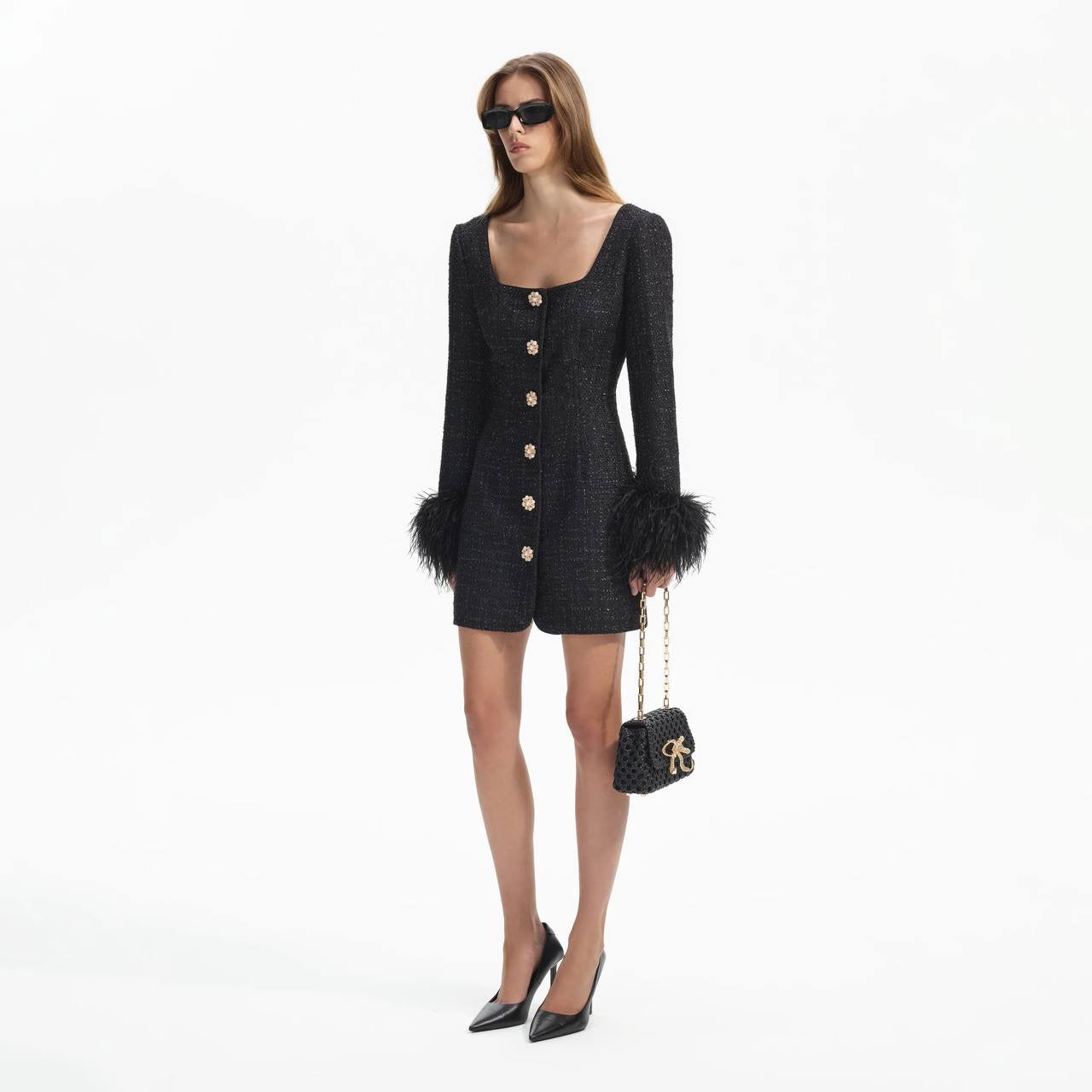 SP Black Boucle Feather Mini Dress