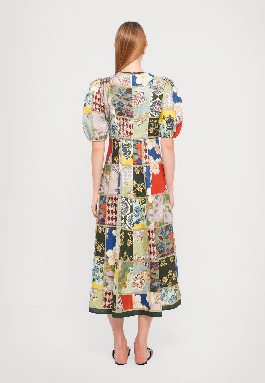 ALM Bianca Puff Sleeve Linen Midi Dress
