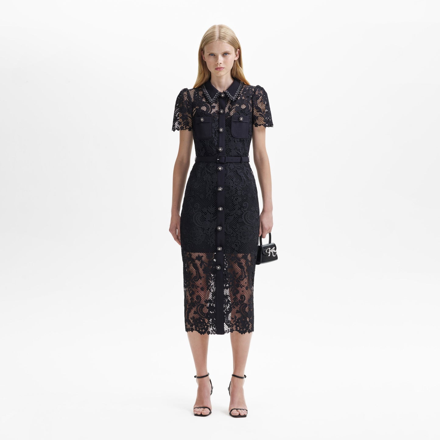 SP Lace Button Front Midi Dress in Black | White | Green