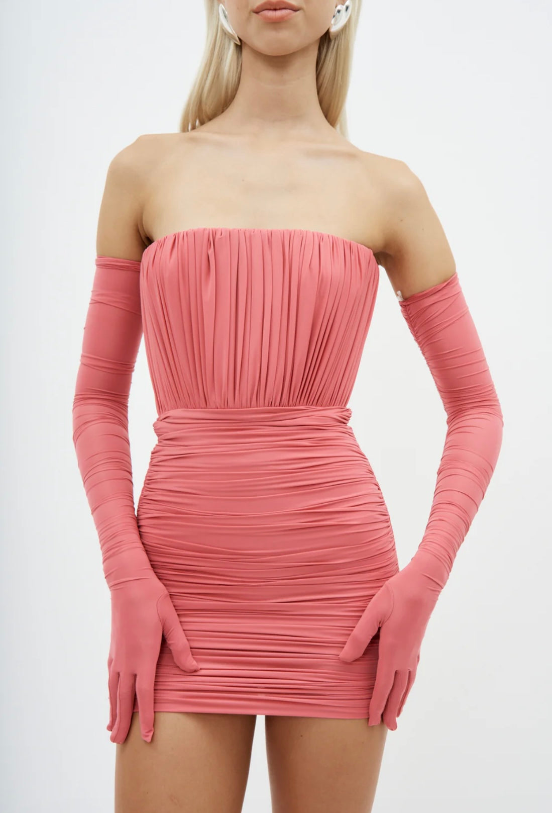AP Strapless Ruched Mini Dress in Jersey with Gloves