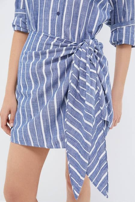 AA Alessandra Striped Chambray Sarong Cotton Mini Dress Shirtdress