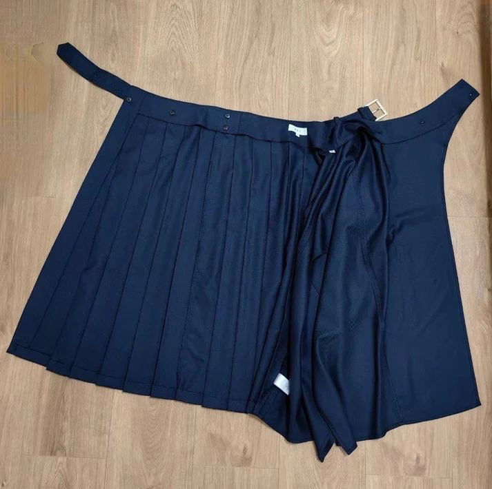 ALC Wayland Belted Wool-Blend Pleated Handkerchief Midi Skirt in Navy Blue