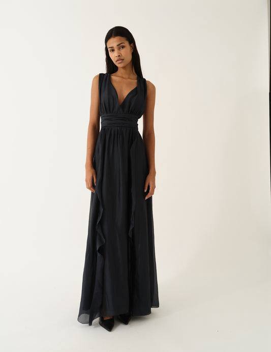 Gilian Plunge Halter Viscose-blend Chiffon Tie-back Gown Maxi Dress in Navy Blue