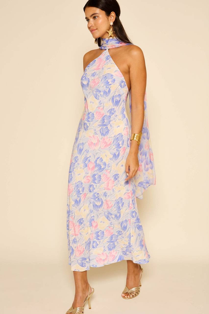RX Hayley Detachable-Scarf Silk Midi Dress